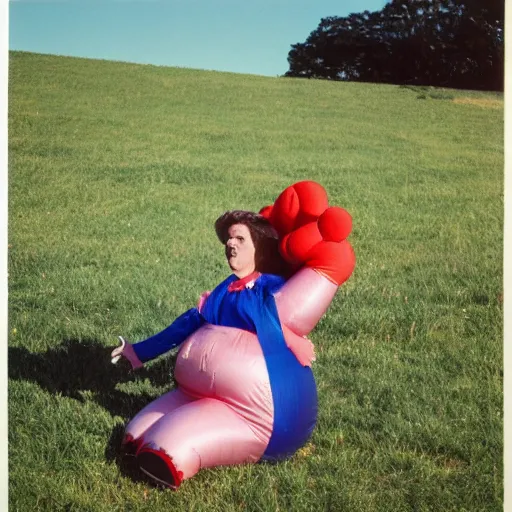 Image similar to middle-aged woman dressed as an inflatable toy, in the countryside 1979 arthouse film, archival footage, technicolor film expired film