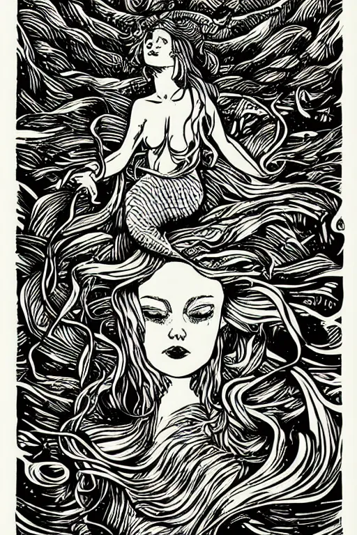 Prompt: portrait of a mermaid in kelp by MCBESS, 2 colour print