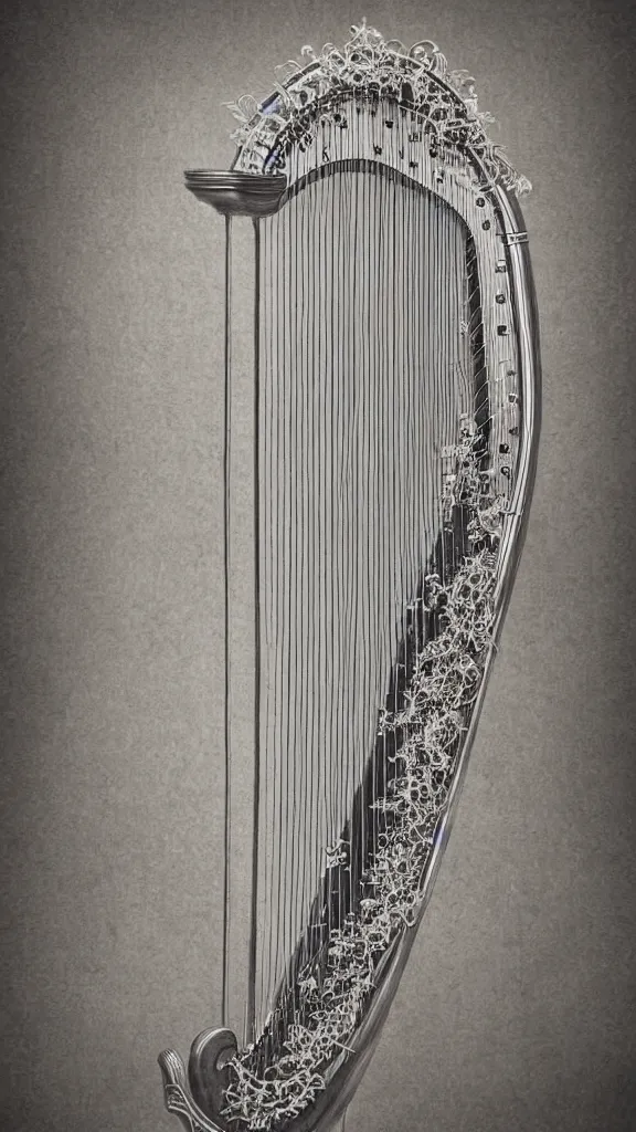 Prompt: a harp with strings made of thick vines, fantasy art, art station, grey background,