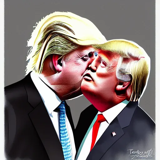 Prompt: a beautiful detailed digital art piece of boris johnson and donald trump kissing, visual art, deviantart, artstation, digital art