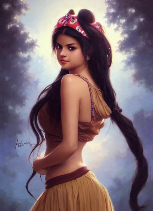 Prompt: beautiful woman with long black hair, tan skin, hourglass figure, round cute face, slightly resembles selena gomez, wearing a colorful disney princess gown with mickey mouse ears headband. beautiful painting by artgerm and greg rutkowski and bouguereau