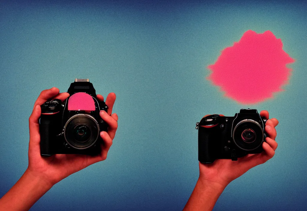 Image similar to first person view of a hand grasping a nikon dslr camera with mount fuji image in viewfinder, in the style of wes anderson, rene magritte, lola dupre, david hockney, isolated on white background, dark monochrome neon spraypaint accents octane render