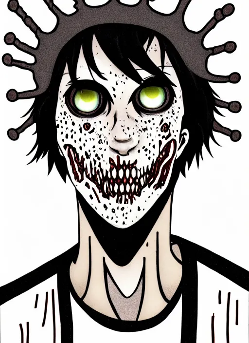 Image similar to junji ito style portrait of zombie teenage jughead jones wearing a light grey crown, zombie, crown, rotting skin, blind eyes, white eyes, crown, black hair, intricate, highly detailed, illustration, art by junji ito