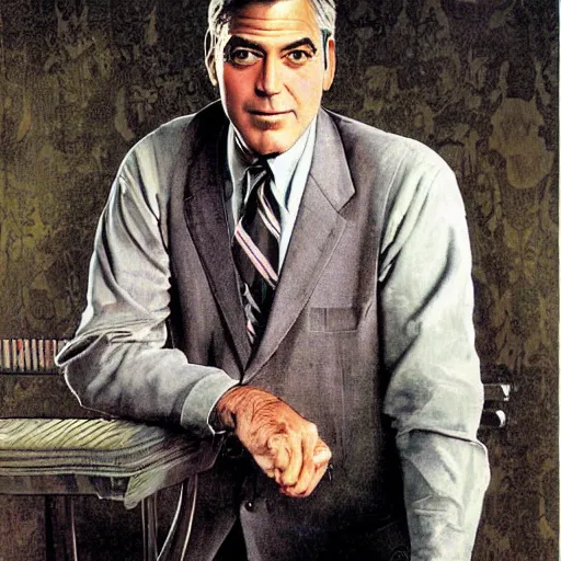 Prompt: George Clooney, highly detailed illustration, portrait painting by Norman Rockwell