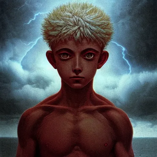 Image similar to killua zoldyck made by zdzisław beksinski, thunderstorm, 8 k, detailed, cinematic,