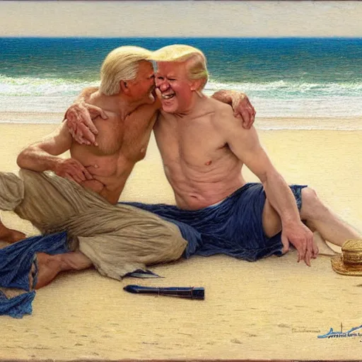 Image similar to joe biden and donald trump enjoying their time together at the beach. highly detailed painting by gaston bussiere, craig mullins, j. c. leyendecker, alphonse mucha 8 k