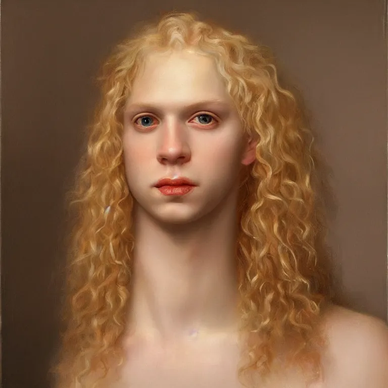 Image similar to a striking hyper real painting of Lucius the pretty pale androgynous albino blond prince, golden hour, beautiful delicate smile soft pink lips and lavender eyes, long fluffy curly light blond hair, STRAWBERRY BLOND, by Jan Matejko