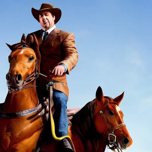 Image similar to saul goodman riding a horse while holding a sword, photograph, high rated, realistic, award winning