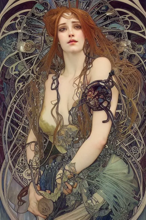 Prompt: realistic detailed portrait of a fully clothed adult cyberpunk! goddess by Alphonse Mucha, Charlie Bowater, Art Nouveau cyberpunk! style, mechanical accents!, flowing wires with leaves, rich deep moody colors