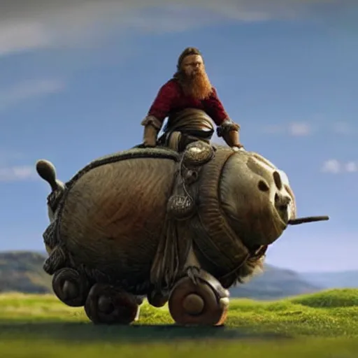 Prompt: viking riding a tardigrade, movie still