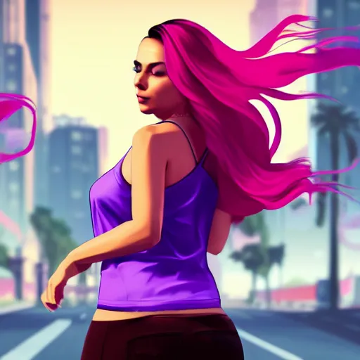 Image similar to a stunning GTA V loading screen with a beautiful woman with ombre hairstyle in purple and pink blowing in the wind, city streets, golden ratio, digital art, trending on artstation