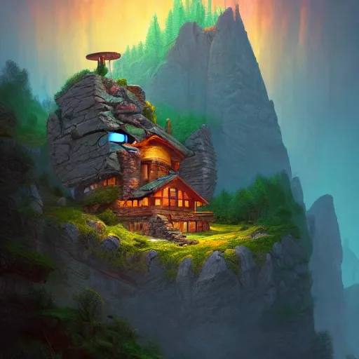 Prompt: a cozy cabin carved into a mountain side, waterfall, cliff, colorful clouds, dramatic lighting, artstation, matte painting, raphael lacoste, simon stalenhag, frank lloyd wright