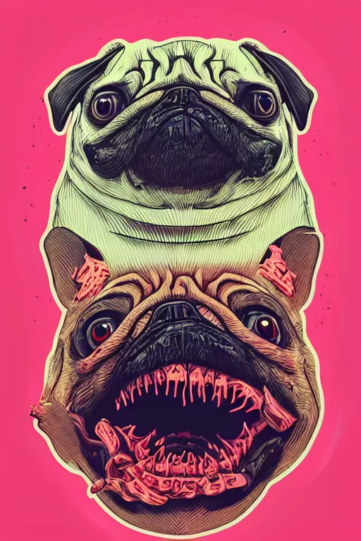 Prompt: demon pug eating flesh. art by mike winkelmann, sticker, colorful, illustration, highly detailed, simple, smooth and clean vector curves, no jagged lines, vector art, smooth