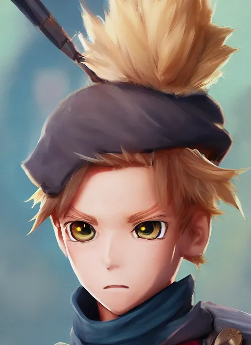 Image similar to An epic fantasy pokemon anime style portrait painting of a young blonde boy thief, unreal 5, DAZ, hyperrealistic, octane render, cosplay, RPG portrait, dynamic lighting