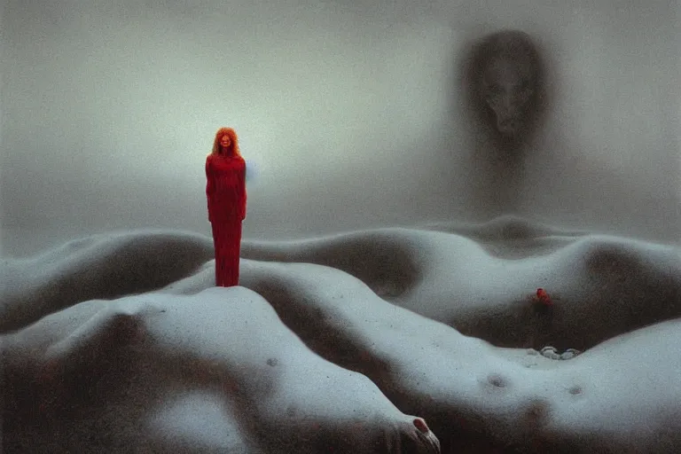 Image similar to a surrealist painting of a lonely woman with pale skin and red hair, standing over pile of bodies in post apocalyptic snowy landscape, painted by zdzisław beksinski