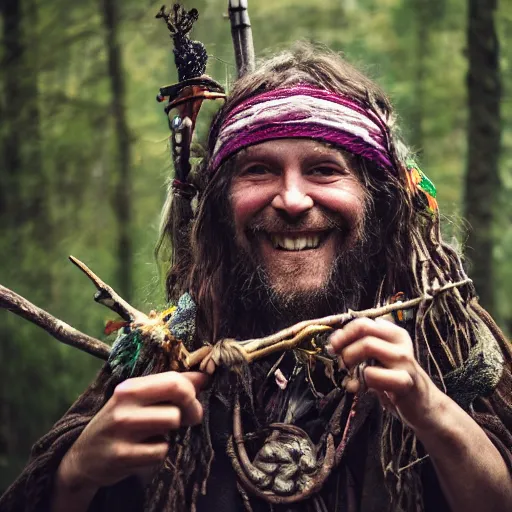 Image similar to hippie tribal hobo witch doctor wearing twigs and leaves smiling sheepishly, campfire, bong, water pipe, highly detailed, dramatic lighting, night time, cinematic, hyperrealistic, detailed, movie still from game of thrones