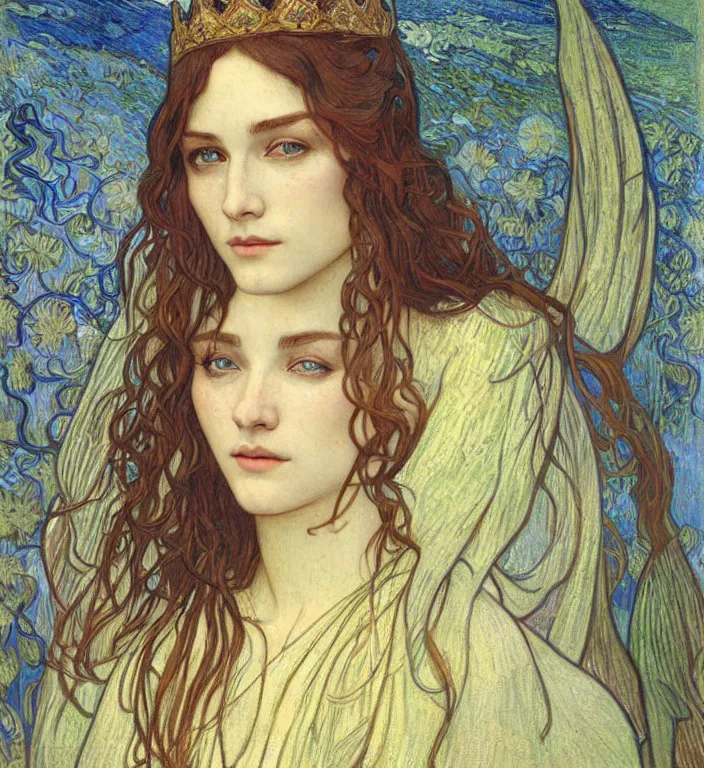 Image similar to detailed realistic beautiful young medieval queen face portrait by jean delville, alphonse mucha, vincent van gogh, and marco mazzoni, art nouveau, symbolist, visionary, gothic, pre - raphaelite