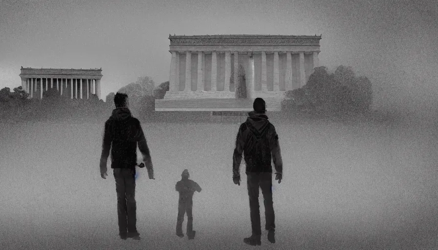 Image similar to father and son visiting destroyed lincoln memorial, cloudy day, hyperdetailed, artstation, cgsociety, 8 k