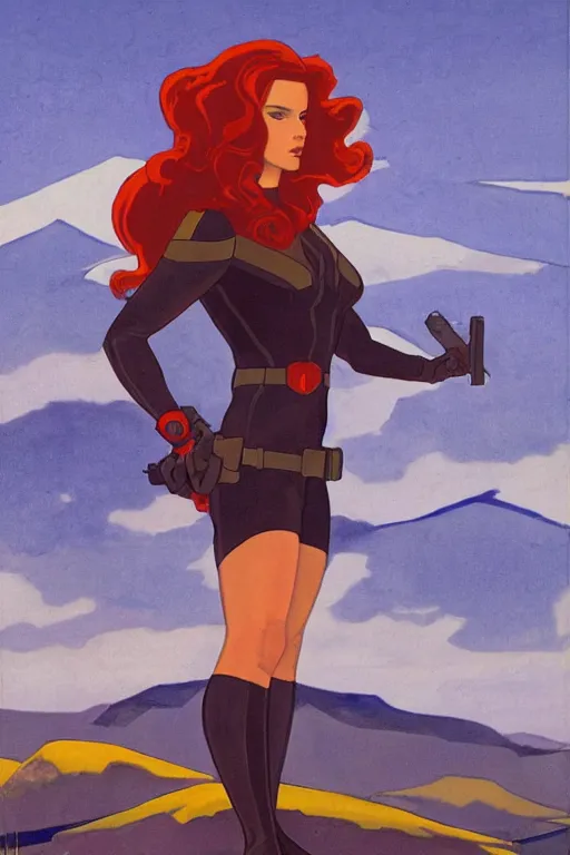 Image similar to black widow ( natasha romanova ), marvel, mountains, artwork by nicholas roerich,