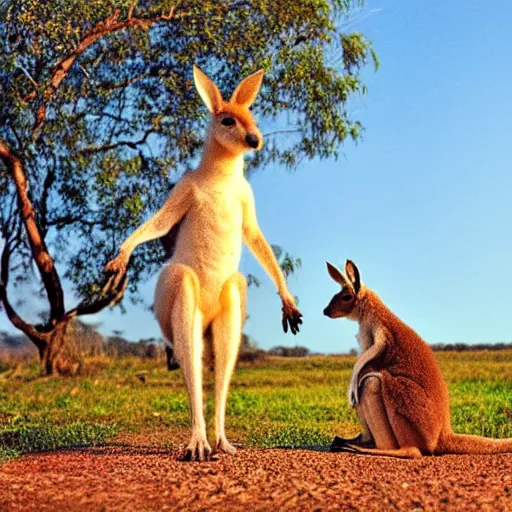 Image similar to a kangaroo and a very cute white rural dog photograph, high quality, award winning, National Geographic