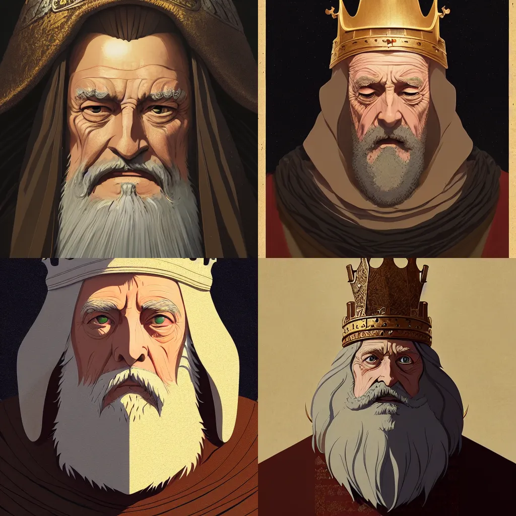 Prompt: portrait of a medieval old king, artstation, elegant, highly detailed, digital painting, concept art, smooth, sharp focus, illustration, art by studio ghibli, fujita goro, atey ghailan, tom whalen, jean giraud, pixar, clean line, raphaelites 8 k