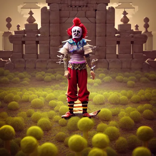 Image similar to clown character knight, infinite final fantasy candyland landscape fall god temple, moody : : wes anderson, roger dean, sophie anderson, esao andrews : : ornate, dynamic, particulate, intricate, elegant, highly detailed, centered, artstation, smooth, sharp focus, octane render, 3 d