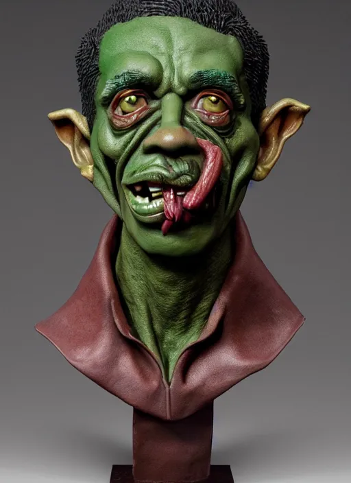 Image similar to a bust sculpture of anatomical detailed goblin, nicolas maduro, green blood, become human, ceramic base, orthographic, studio lighting