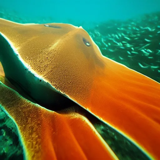 Prompt: cute orange manta ray swimming in green ocean, underwater photography, hyperreal, 8k, unreal engine, sharp focus, HDR, post processing