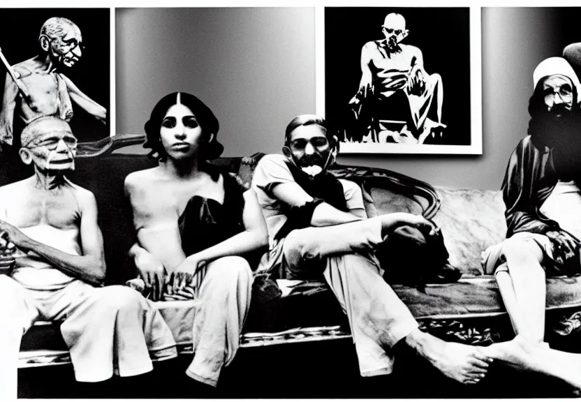 Image similar to smoke session for the ages: Gandhi , Obama, Jesus, And Lady GaGa smoking a fat blunt on a sofa by Andy Warhol, photograph