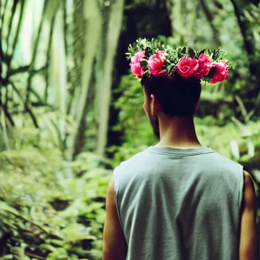 Prompt: close up kodak portra 4 0 0 photograph of a skinny guy standing in a dark exotic jungle, back view, flower crown, moody lighting, telephoto, 9 0 s vibe, blurry background, vaporwave colors, faded!,