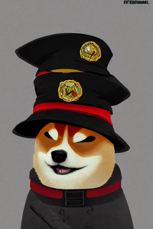 Image similar to shiba inu holding a baseball bat, wearing a police uniform on his bady, wearing a japanese traditional hat on his head, character design, highly detailed digital art, atmosphere, cinematic lightning, hyperrealistic, focused, extreme details, 4 k, ultra detailed, trending on artstation, masterpiece