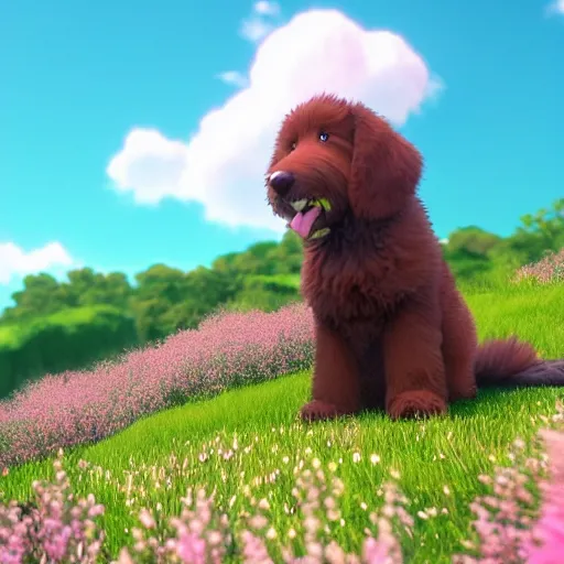 Image similar to ! dream! dream a wholesome animation key shot of a bernedoodle on a hill, fluffy pink anime clouds, studio ghibli, pixar animation, sharp, rendered in unreal engine 5, anime key art, bloom, dramatic lighting