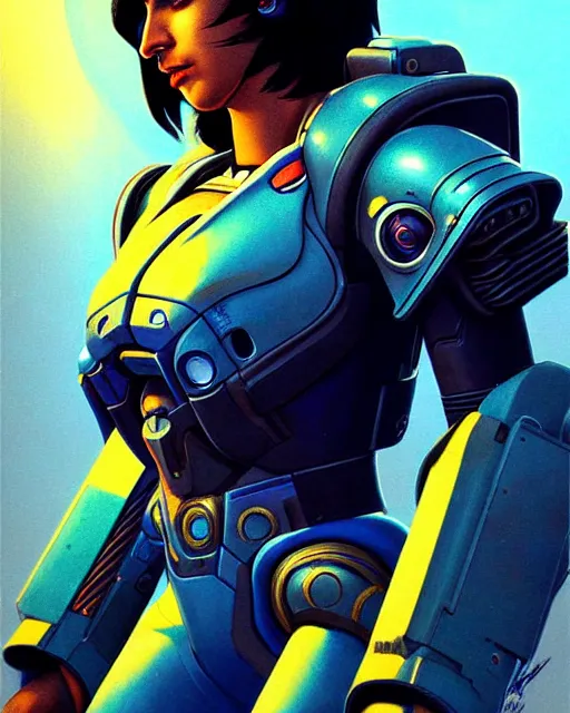 Image similar to pharah from overwatch, character portrait, portrait, close up, concept art, intricate details, highly detailed, vintage sci - fi poster, retro future, in the style of chris foss, rodger dean, moebius, michael whelan, and gustave dore