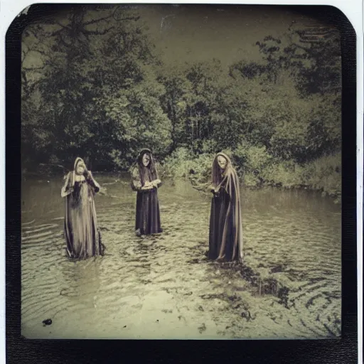 Prompt: Polaroid picture of witches in a swamp around a cauldron