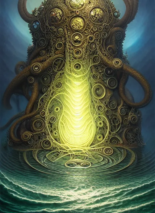 Image similar to cthulu emerging from ocean, a scenic dystopian environment, lovecraftian, intricate, elegant, highly detailed, centered, digital painting, artstation, concept art, smooth, sharp focus, illustration, artgerm, tomasz alen kopera, peter mohrbacher, donato giancola, joseph christian leyendecker, wlop, boris vallejo