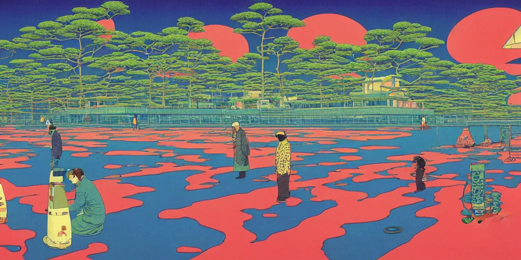 Image similar to electric cats that fly over ice, a lot of tv screens around, shrimps are all over the ground, acid and dreaming psychedelic hallucinations, by kawase hasui, moebius and edward hopper, colorful flat surreal design, hd, 8 k, artstation