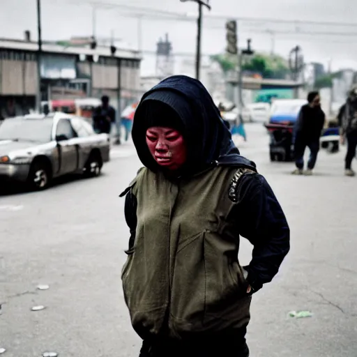 Prompt: Cinestill 50d candid photography of a city on fire, extreme wide shot of a poor techwear mixed woman wearing makeup crying outside of a futuristic city on fire, cyberpunk, tattoos, homeless tents on the side of the road, military police, extreme long shot, desaturated, full shot, action shot, blurry, 4k, 8k, hd, full color