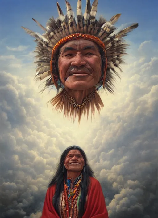 Image similar to faces of indigenous amazonian grandfathers and grandmothers spirits in the clouds, smiling, protection, benevolence, ancestors, detailed faces, art by christophe vacher