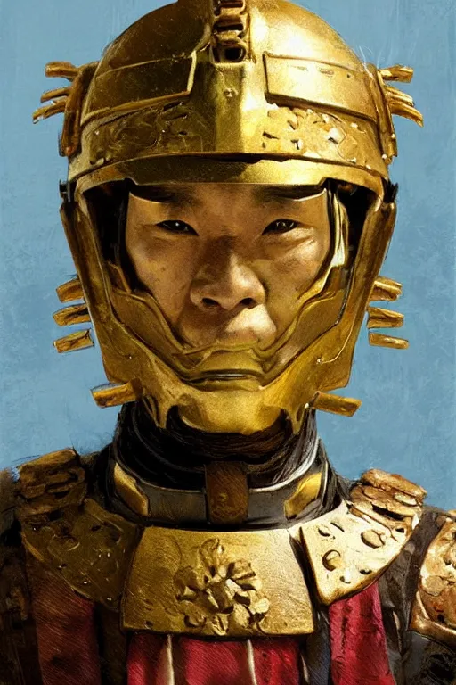 Prompt: portrait of an elderly samurai wearing golden armor, by Craig Mullins