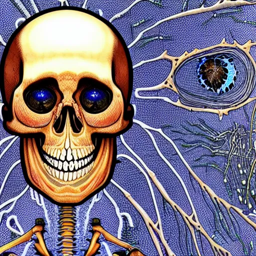 Image similar to very detailed portrait of a skeleton with crystal innards and optic fiber nerves, gears in his head and cybernetic enhancements in it's skull