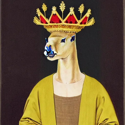 Prompt: a capybara in a crown dress on his head, wearing a long green silk balenciaga, portrait, 1 4 th century style, realistic,