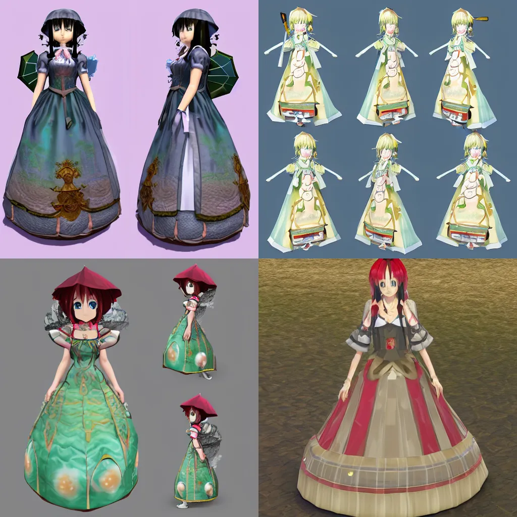 Prompt: 3d model anime girl, hand painted in the style of Rune Factory 5, low poly, long curly hair, big sparkly eyes, in a 1800s ball gown with quilted material, standing with a parasol, UHD, Nintendo Switch, art style of Dark Cloud 2, NPC, adventure game, colorful, front and back view