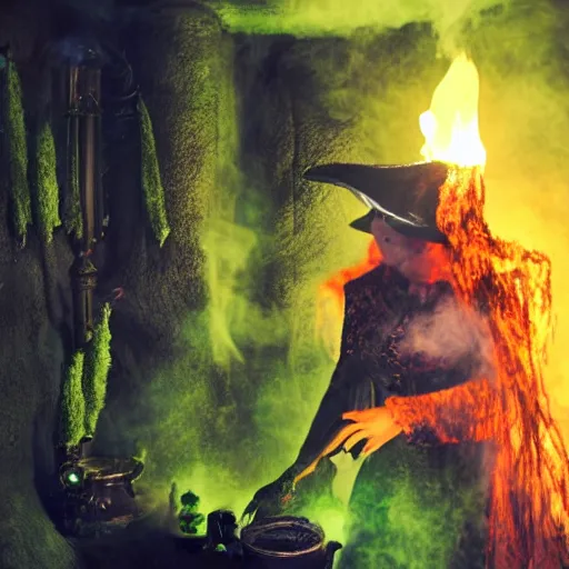 Image similar to close shot of an old fire witch brewing in her lair, detailed, witch hat, dungeon, green smoke, fire, smoke, realism, realistic, hyper detailed, green lighting, ambient lighting, smoke, haze,