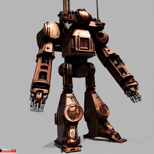 Prompt: a steampunk mech - suit designed to shoot down other mech - suits, 3 d render, unity, steam, pipes, guns, copper, metal, slightly rusty, plain background, finely detailed, epic, intense, sparks, cinematic lighting,