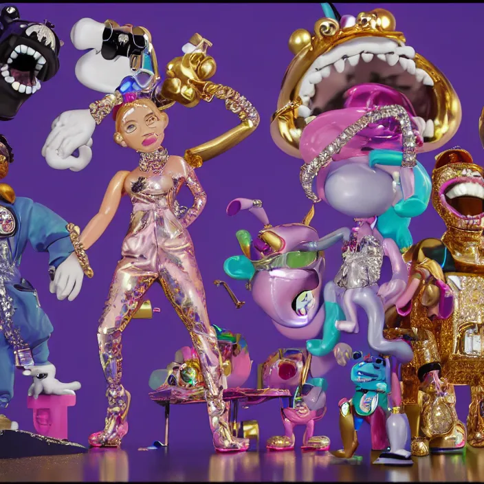 Image similar to jeff koons hip hop bauhaus style street sharks sailor moon wearing diamond grillz and a ton of bussdown iced gold bling in wallace & gromit strata - cut claymation, ultra realistic, concept art, intricate details, serious, highly detailed, photorealistic, octane render, 8 k, unreal engine, art by todd mcfarlane