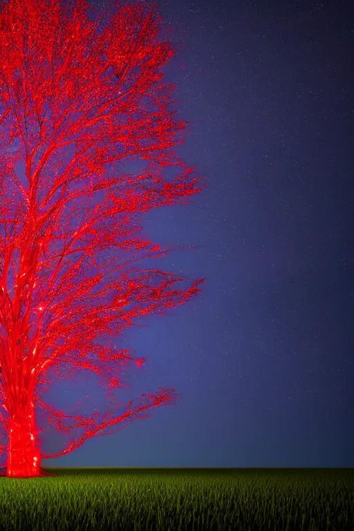 Image similar to A giant glowing red tree made out of light in the center of a corn field blasting off into space, 8K UHD, blue color scheme