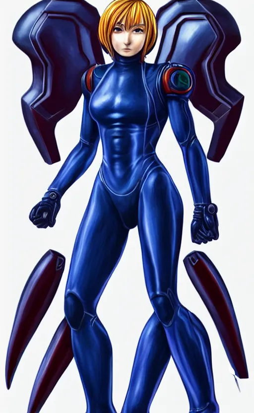 Image similar to samus aran bioorganic varia suit, energetic varia suit, full body portrait, highly detailed, intricate, concept art, vertical portrait