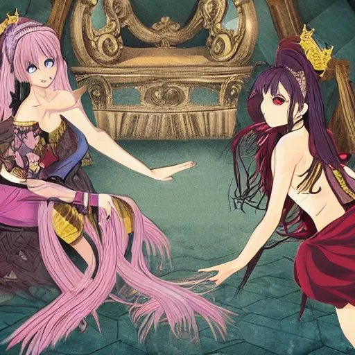 Image similar to a scene of two beautiful queens fighting over the throne, detailed anime art