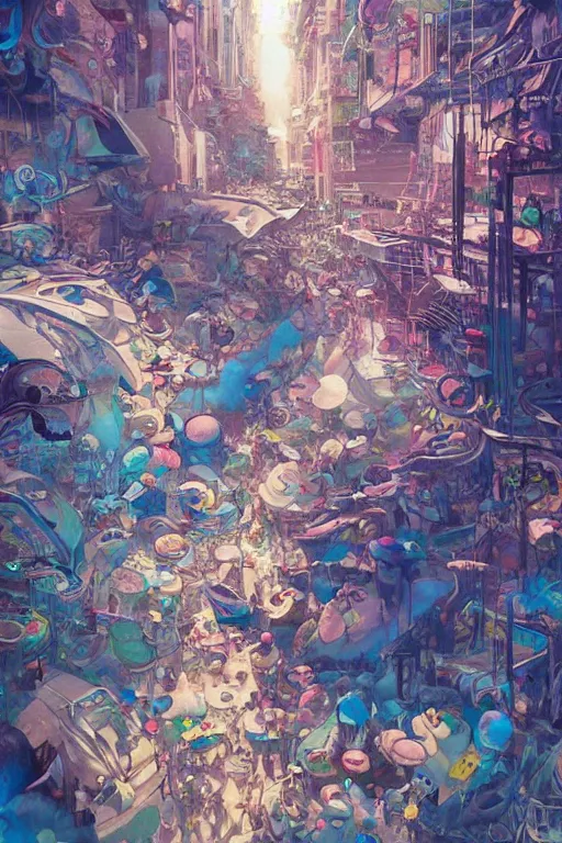 Image similar to dreamlike people in a busy city people surrounded by 3d graffiti paint dripping down to the floor, professional illustration by moebius, hiroshi yoshida, painterly, yoshitaka Amano, artgerm, loish, painterly, and james jean, illustration, moon lighting, masterpiece