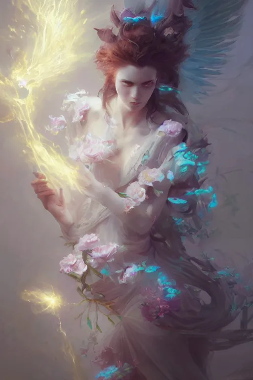 Prompt: beautiful girl necromancer exploding into flowers, angels, 3 d render, hyper - realistic detailed portrait, holding electricity and birds, ruan jia, wlop. scifi, fantasy, hyper detailed, octane render, concept art, peter mohrbacher
